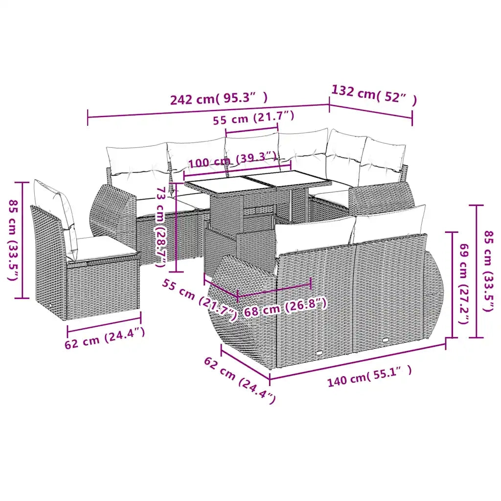 Set Divani da Giardino 9pz con Cuscini Marrone in Polyrattan 3268673