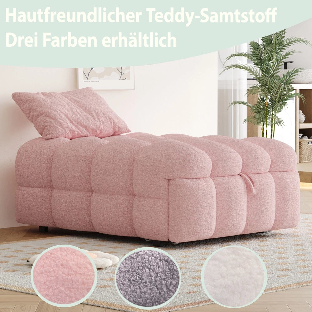 Letto Singolo Imbottito con Pouf ¨C MINIMAL ¨C Tessuto Teddy Rosa
