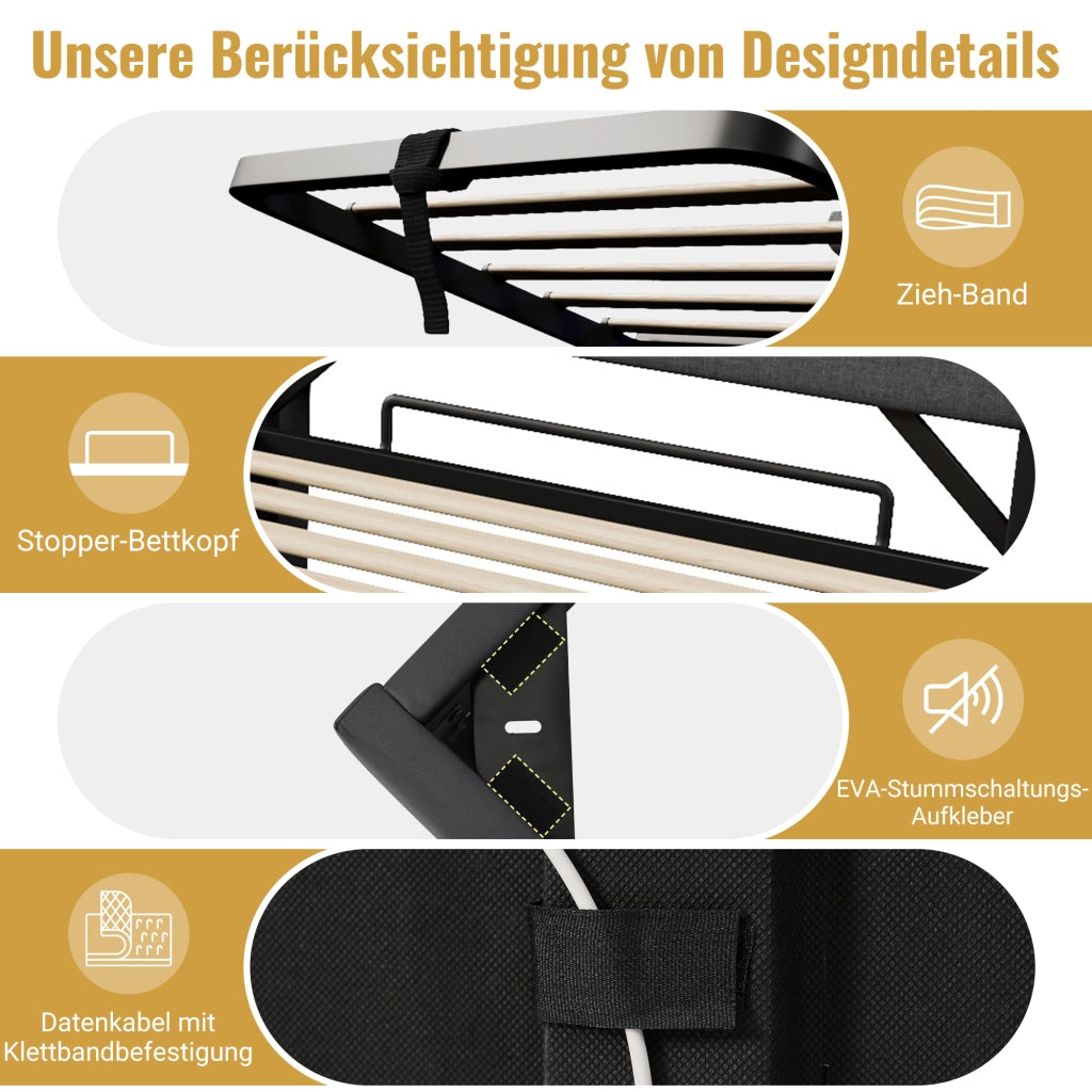 LETTO 160x200 cm in Lino Beige con LED, USB e Type-C, contenitore idraulico