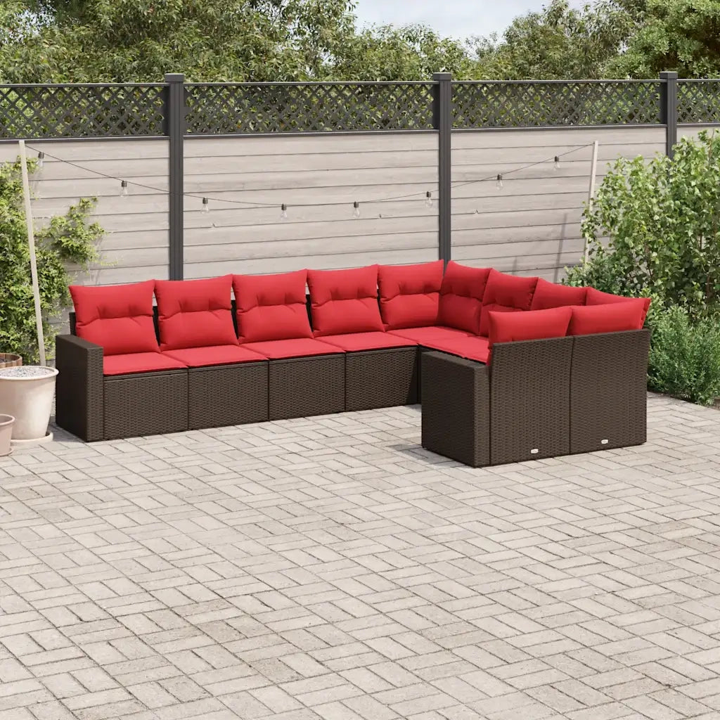 Set Divani da Giardino 9pz con Cuscini Marrone in Polyrattan