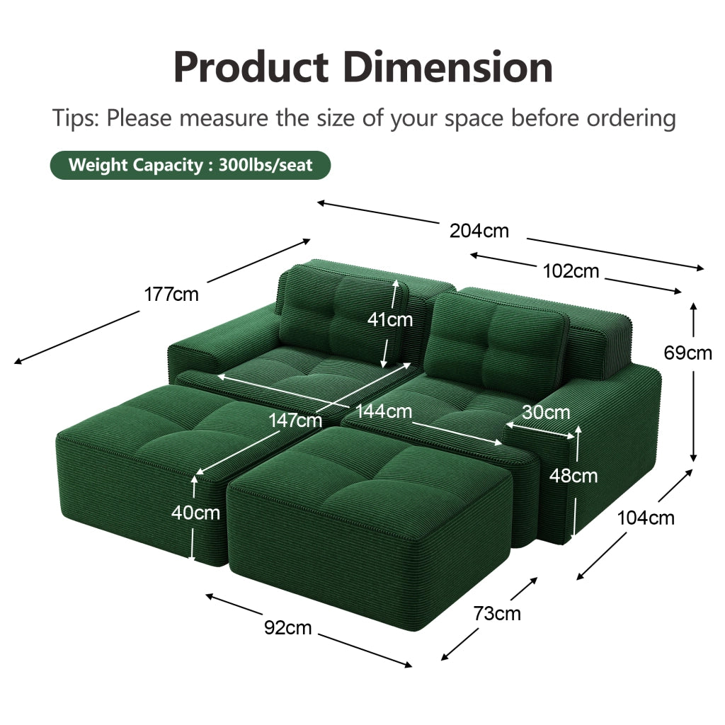 Divano Modulare Cloud con Ottoman ¨C MINIMAL ¨C Velluto a Coste, Verde, 2 Posti