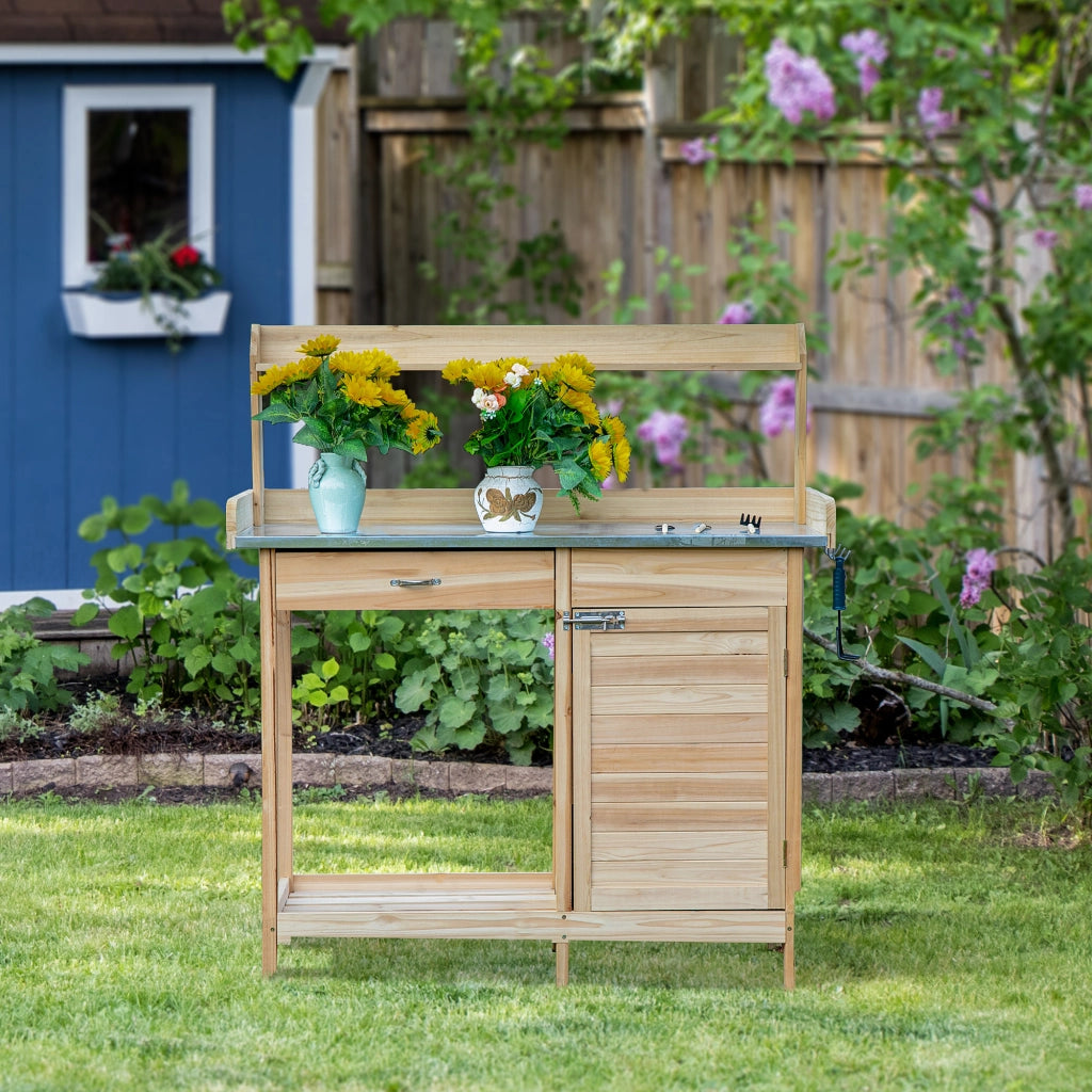 Tavolo da giardino in legno con 2 ripiani, cassetto e armadietto ¨C Minimal ¨C 90x60x80 cm