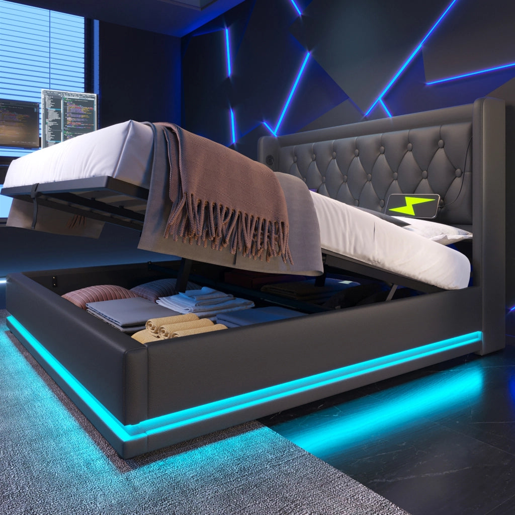 LETTO Contenitore 140x200 cm in PU Nero con USB e LED
