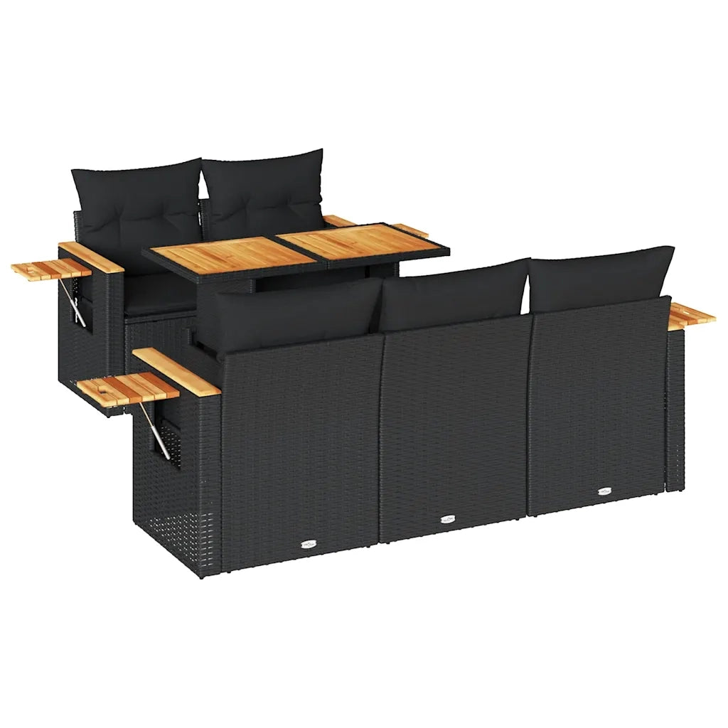 Set Divano da Giardino 6 pz con Cuscini Nero Polyrattan Acacia 3327548