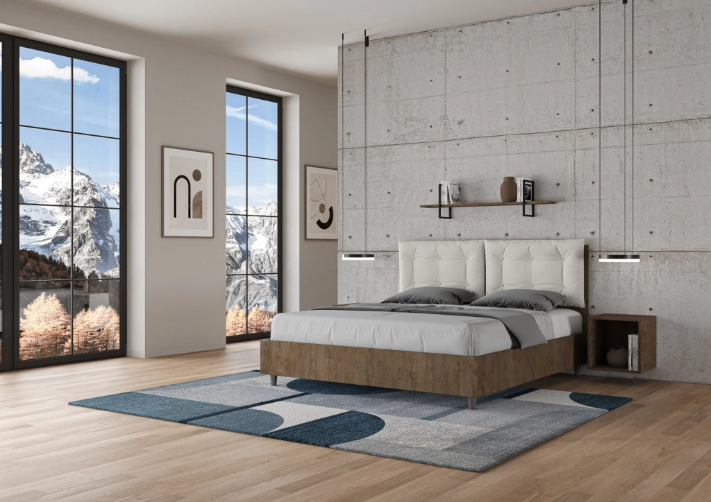 BS COM Letto matrimoniale con rete 160x190 noce cuscini similpelle bianco