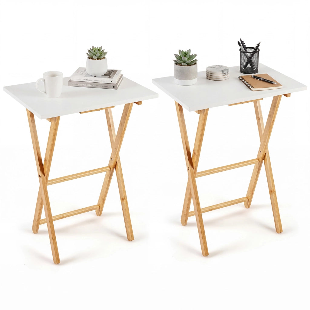 Set di 2 tavolini pieghevoli per spazi piccoli in camera da letto e soggiorno, Tavolino portatile da salotto facile da montare Bianco