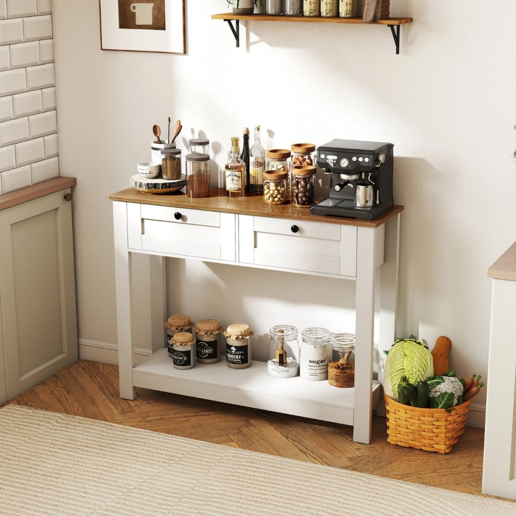 Tavolo da ingresso stretto da 106 cm con ripiano aperto per soggiorno, Tavolo consolle in stile casale con 2 cassetti Bianco