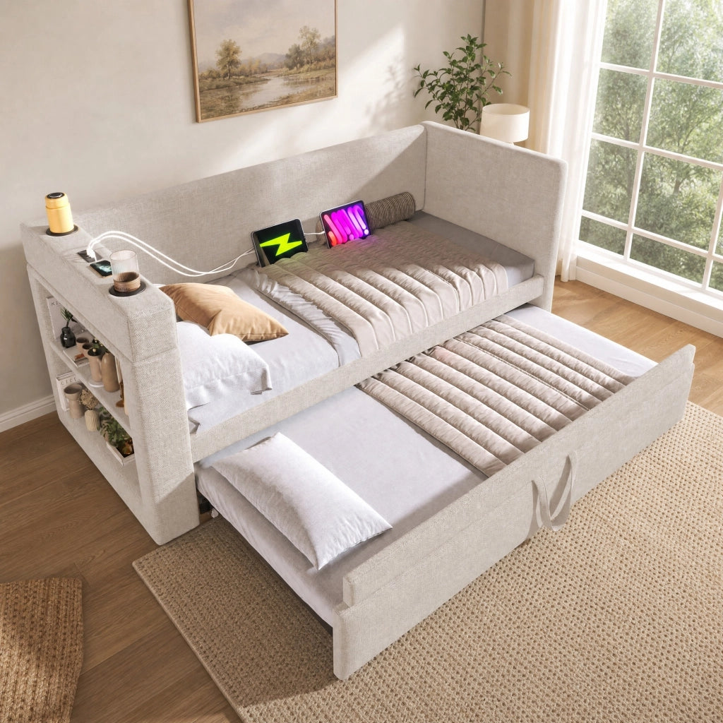 LETTO Divano con letto estraibile 90x190 cm Beige cotone e lino