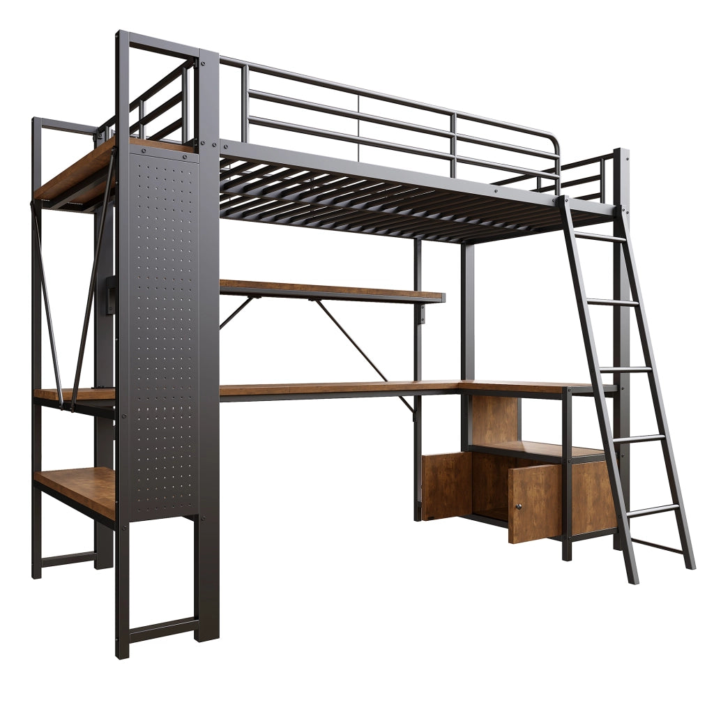 Letto a Soppalco con Scrivania e LED ¨C MINIMAL ¨C Nero 90x200 cm