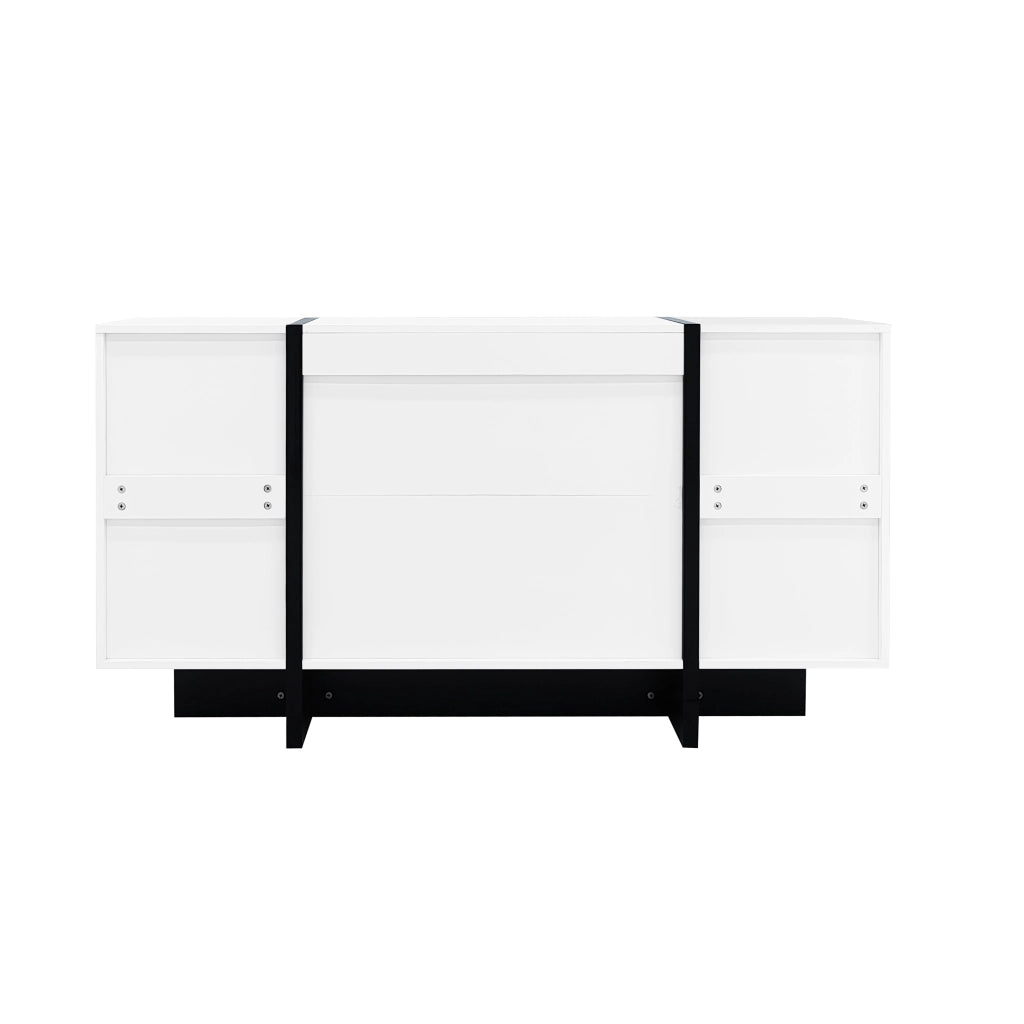 Credenza bianca lucida con 2 ante e 4 cassetti, design moderno, struttura in MDF e pannelli truciolari, 150 x 40 x 80,5 cm
