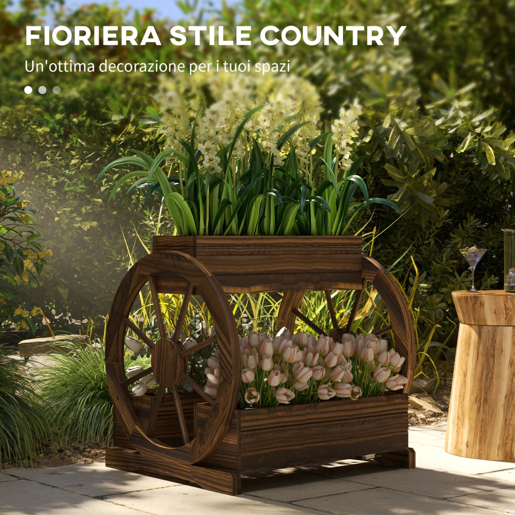 Fioriera a 2 livelli con 3 vasi e ruote in legno per esterno ¨C Zephmum ¨C 64x54x60 cm