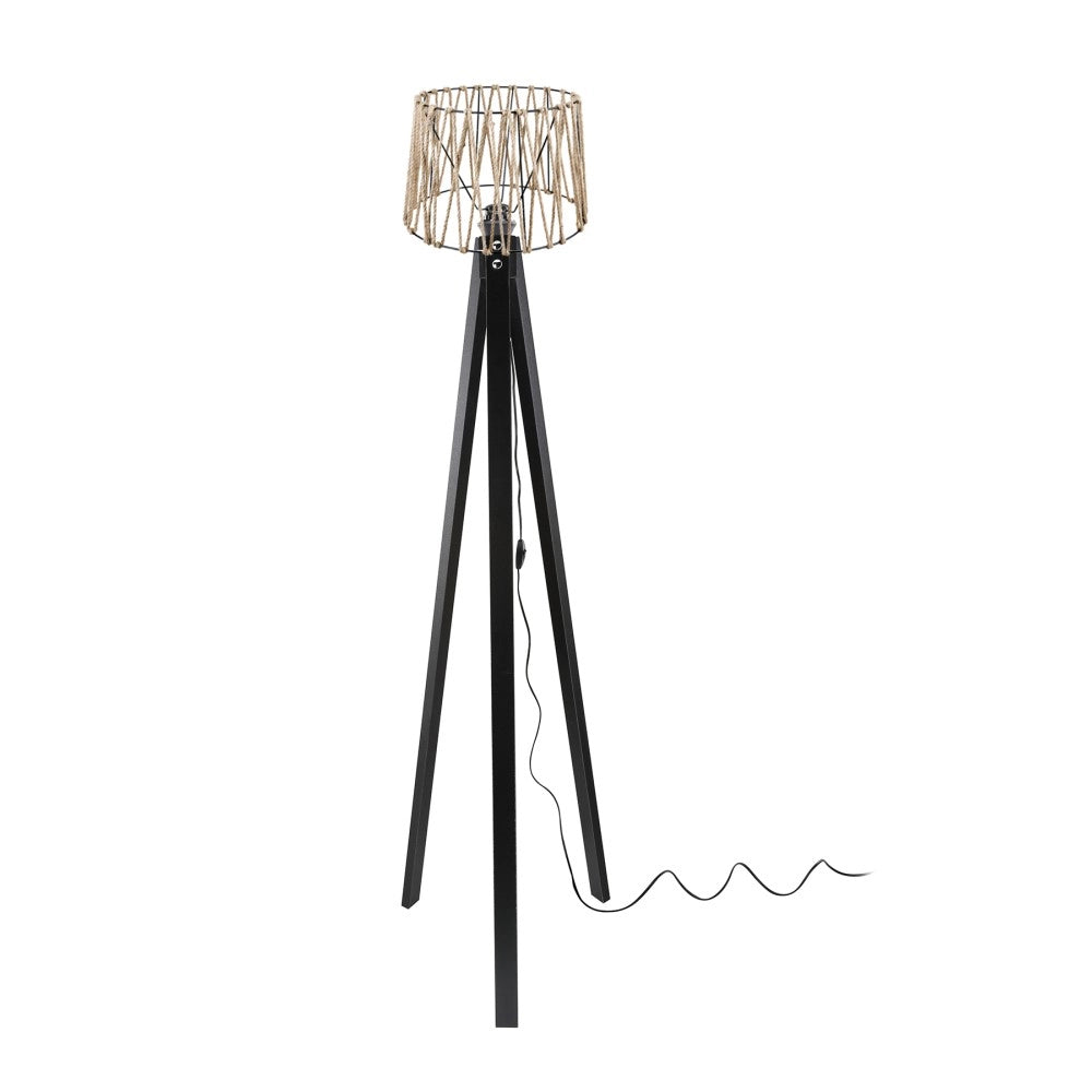 Lampada da terra treppiede nero con paralume in iuta DECONE1188