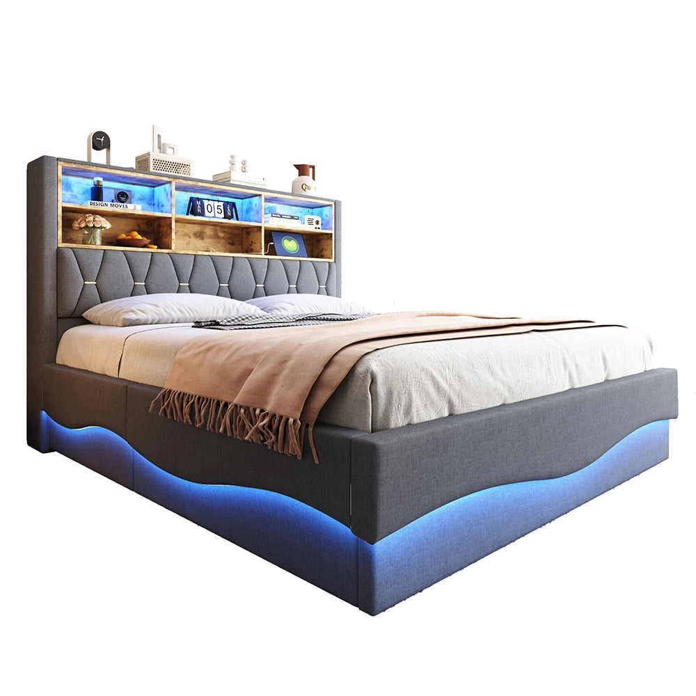 Letto-Xylo-180x200 cm-LED app, USB, metallo, lino grigio