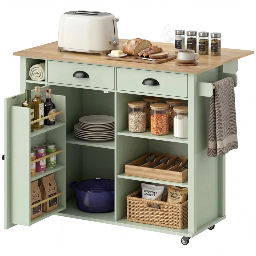 Armadio da Cucina con Ruote, Anta con Ripiani e 2 Cassetti ¨C Zephmum ¨C 117.5x70x91 cm Verde Chiaro