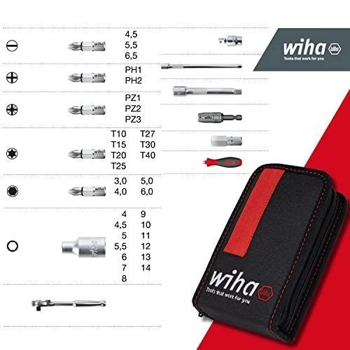 Wiha 44684 Set di Chiavi a Bussola ed Inserti 1-4'' 40 Pezzi con Borsa Funzionale e Clip per Cintura colore Nero