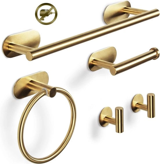 Set di 5 Accessori per Asciugamani da Bagno composto da Sostegno per Asciugamani, Sostegno per Carta igienica, Anello per Asciugamani, Gancio per Asciugamani e Sostegno per Asciugamani in Acciaio Inox. Senza Fissaggio, Autoadesivo per la Cucina (Gold).