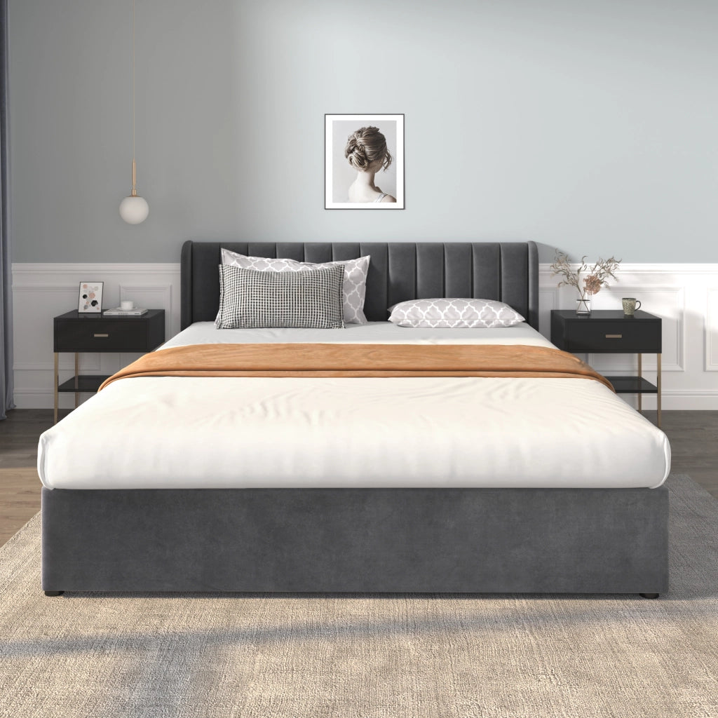 Letto imbottito in velluto grigio 180x200 cm con rete a doghe e 2 cassetti