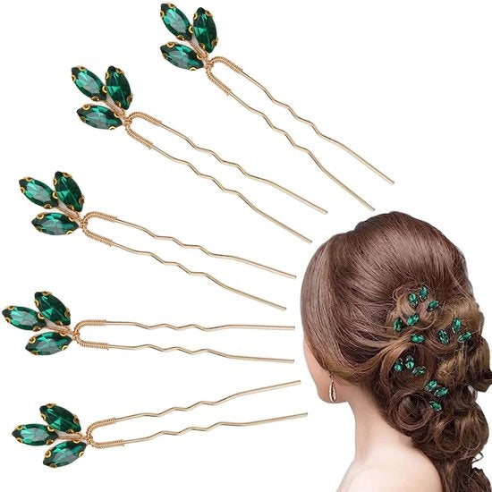 Spille per capelli con pietruzze di strass verde - 5 pezzi - forma U - progettazione elegante - spille per capelli accessori - lavorazione impeccabile