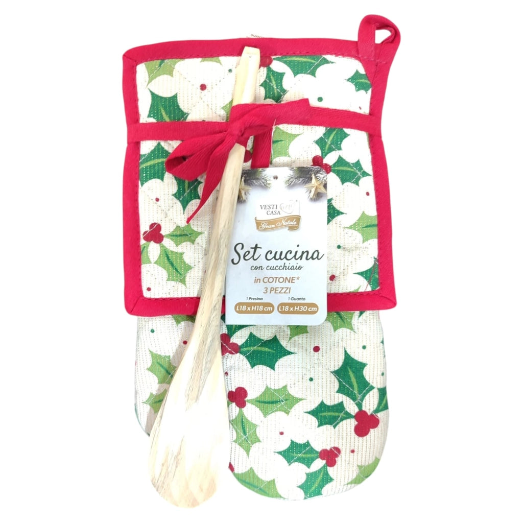 SET CUCINA CON CUCCHIAIO IN COTONE 3 PEZZI