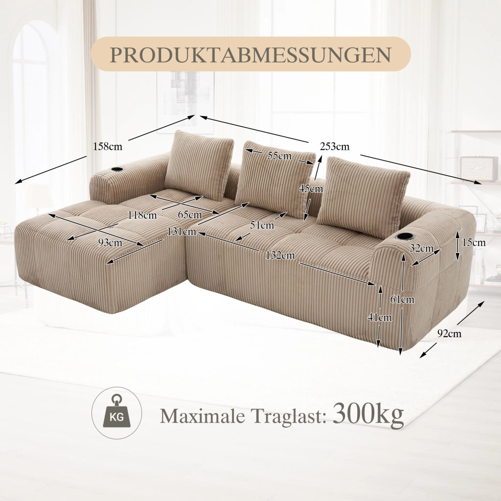 Divano Compatto in Tessuto a Coste con Cuscini ¨C MINIMAL ¨C Khaki, Morbido, Modulare