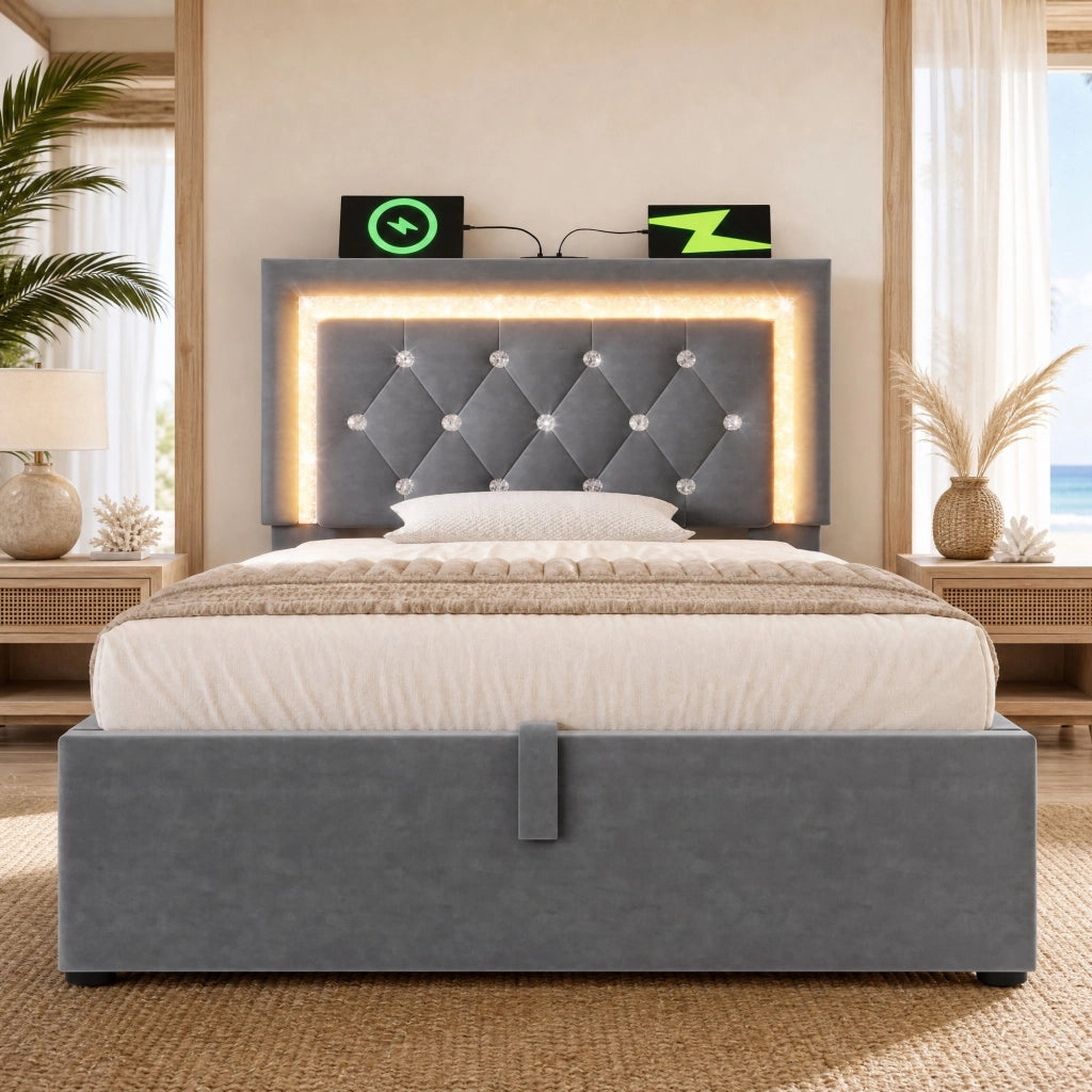 LETTO singolo 90x200 cm in velluto grigio con LED, USB e contenitore