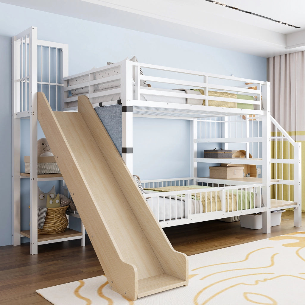 Letto a soppalco in metallo 90*200CM bianco; scivolo; riporzione; scaffali; letto per bambini sicuro e che fa risparmiare spazio