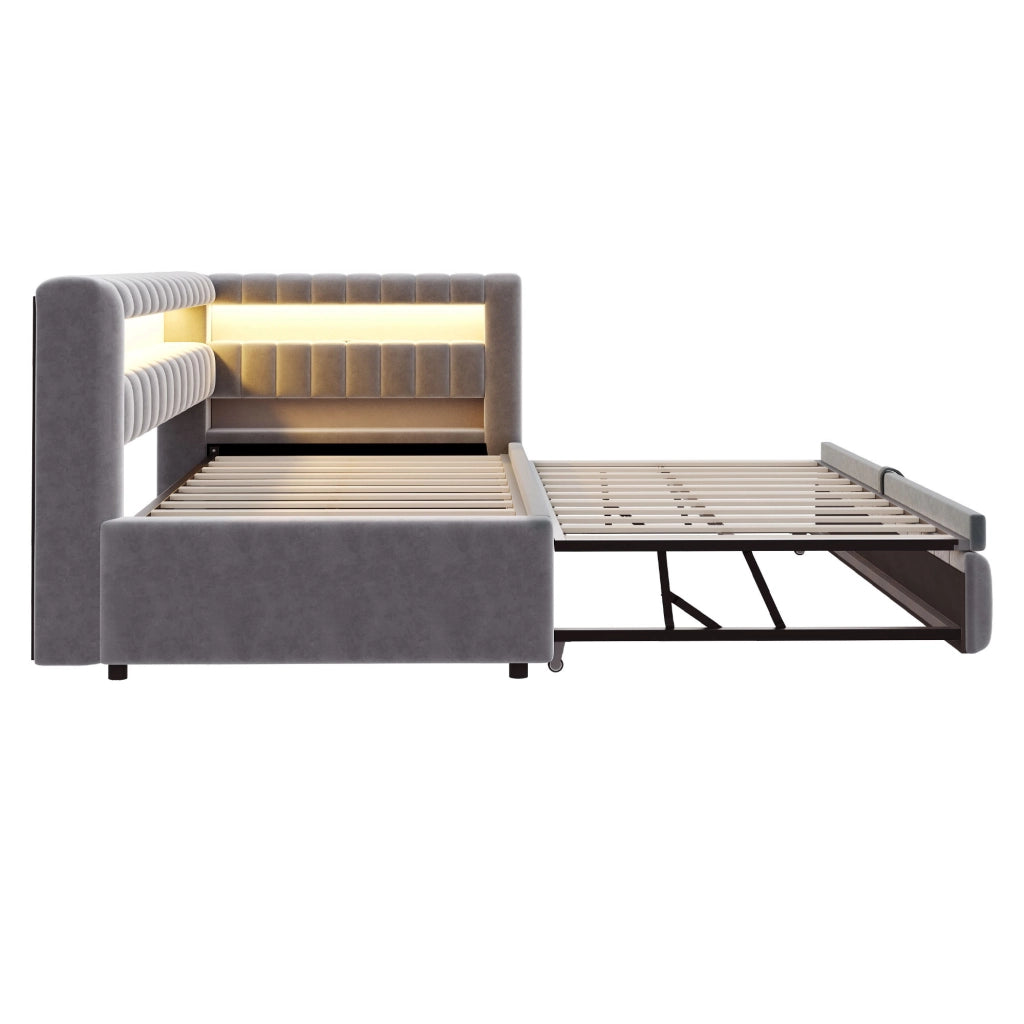 LETTO imbottito estraibile 90x200 cm velluto grigio con LED