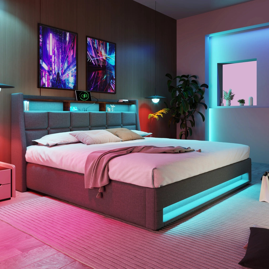 LETTO Imbottito 160x200 cm Grigio con USB e LED, senza materasso