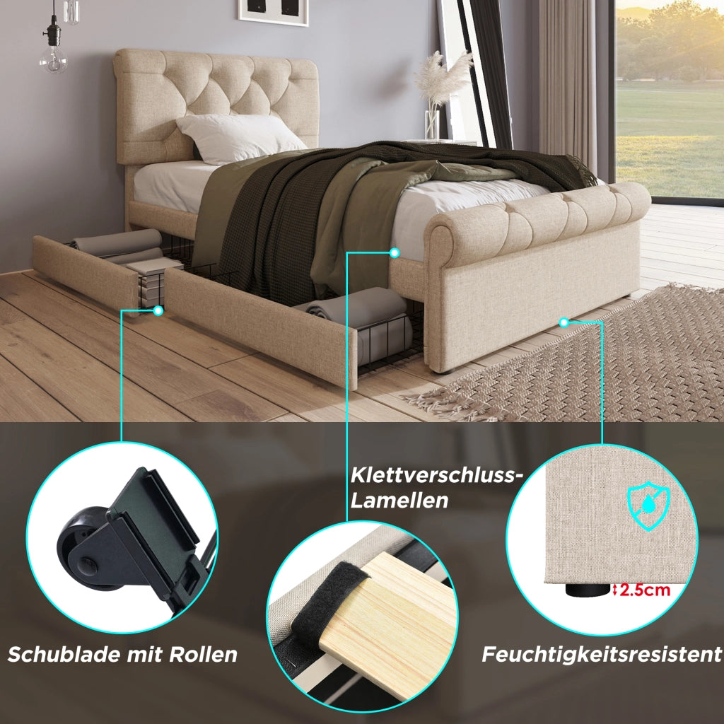 letto imbottito metallo e legno naturale 90 x 200 cm