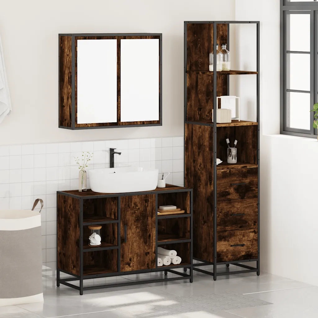 Set Mobili da Bagno | Armadio da bagno 3 pz Rovere Fumo in Legno Multistrato