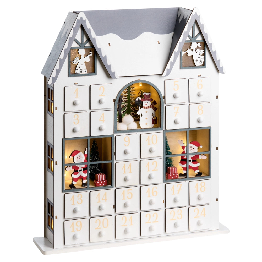 Accogliente decorazione natalizia a LED con figurine a forma di casetta in legno Calendario dell'Avvento bianco