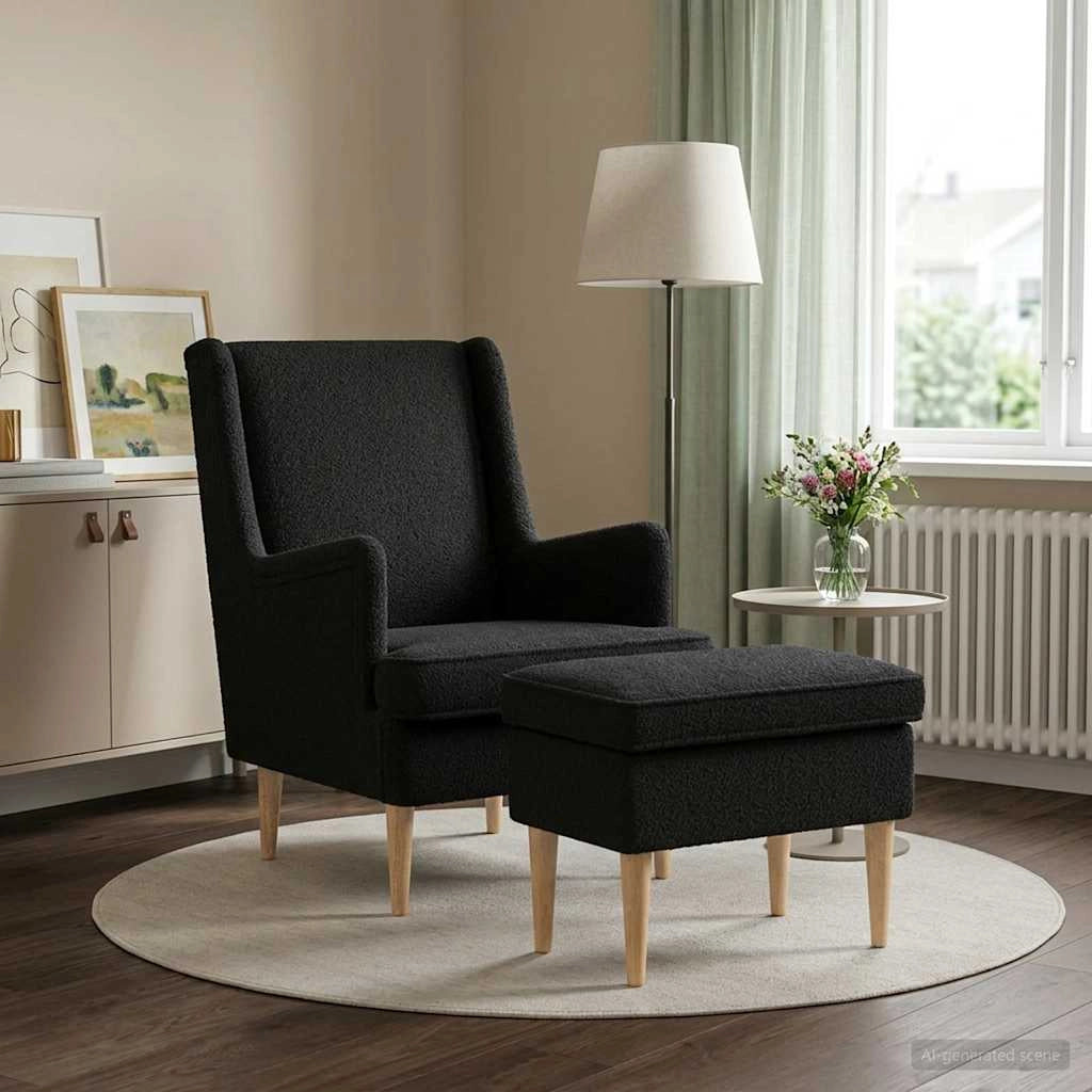 Poltrona con Ottomano 2 pz Nero Bouclé 3418841