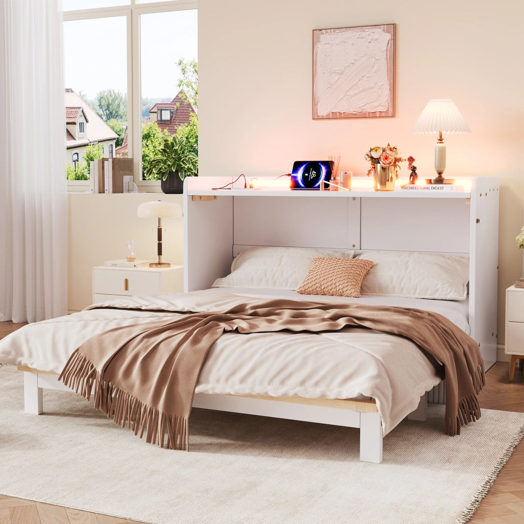 Letto a Scomparsa con Cassetti, LED e Presa USB ¨C MINIMAL ¨C Bianco 140x200