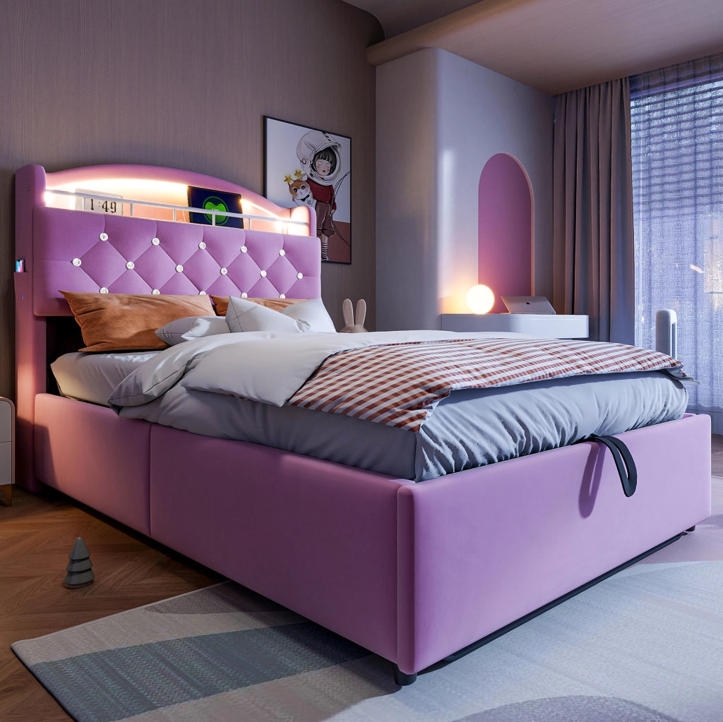 Letto imbottito 90x200 con contenitore, LED e USB, rosa