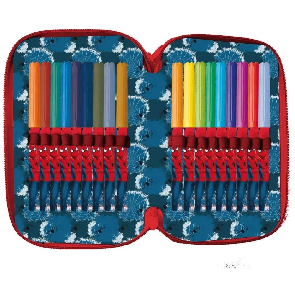 Trade Shop - Astuccio Portapastelli Scuola 3 Zip Spiderman Con Accessori Pastelli Pennarelli -
