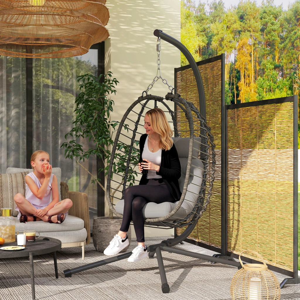 Poltrona sospesa pieghevole in rattan sintetico con supporto e cuscini, grigio