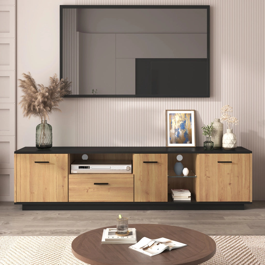 Mobile TV con cassetto e LED - Zephmum- Nero e legno naturale