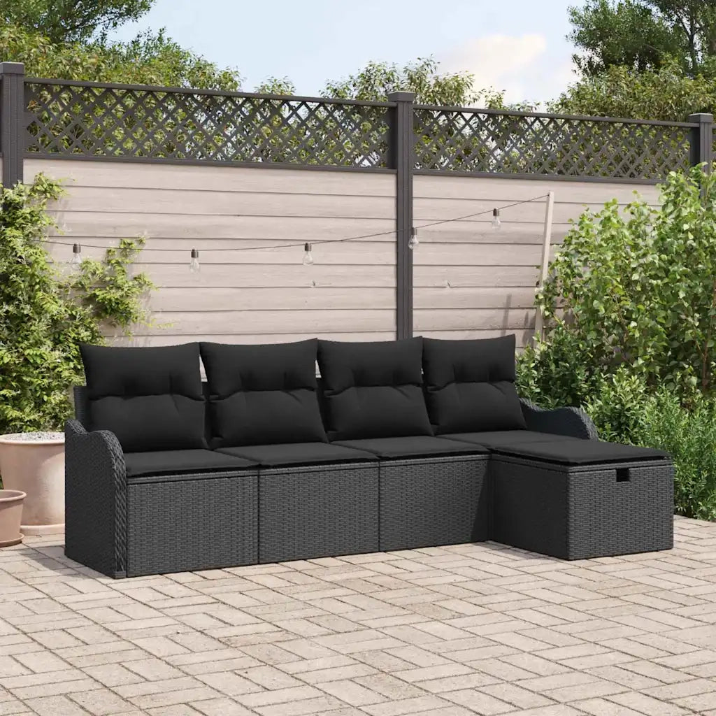 Set Divano da Giardino con cuscino 5 pcs Nero Poly Rattan