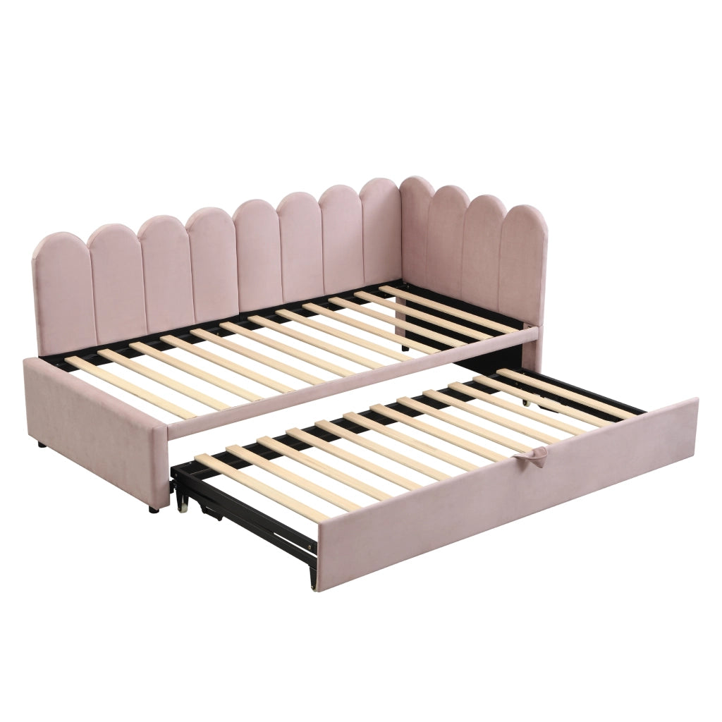 Divano letto estraibile a L 90x200/180x200 cm in velluto rosa con letto supplementare