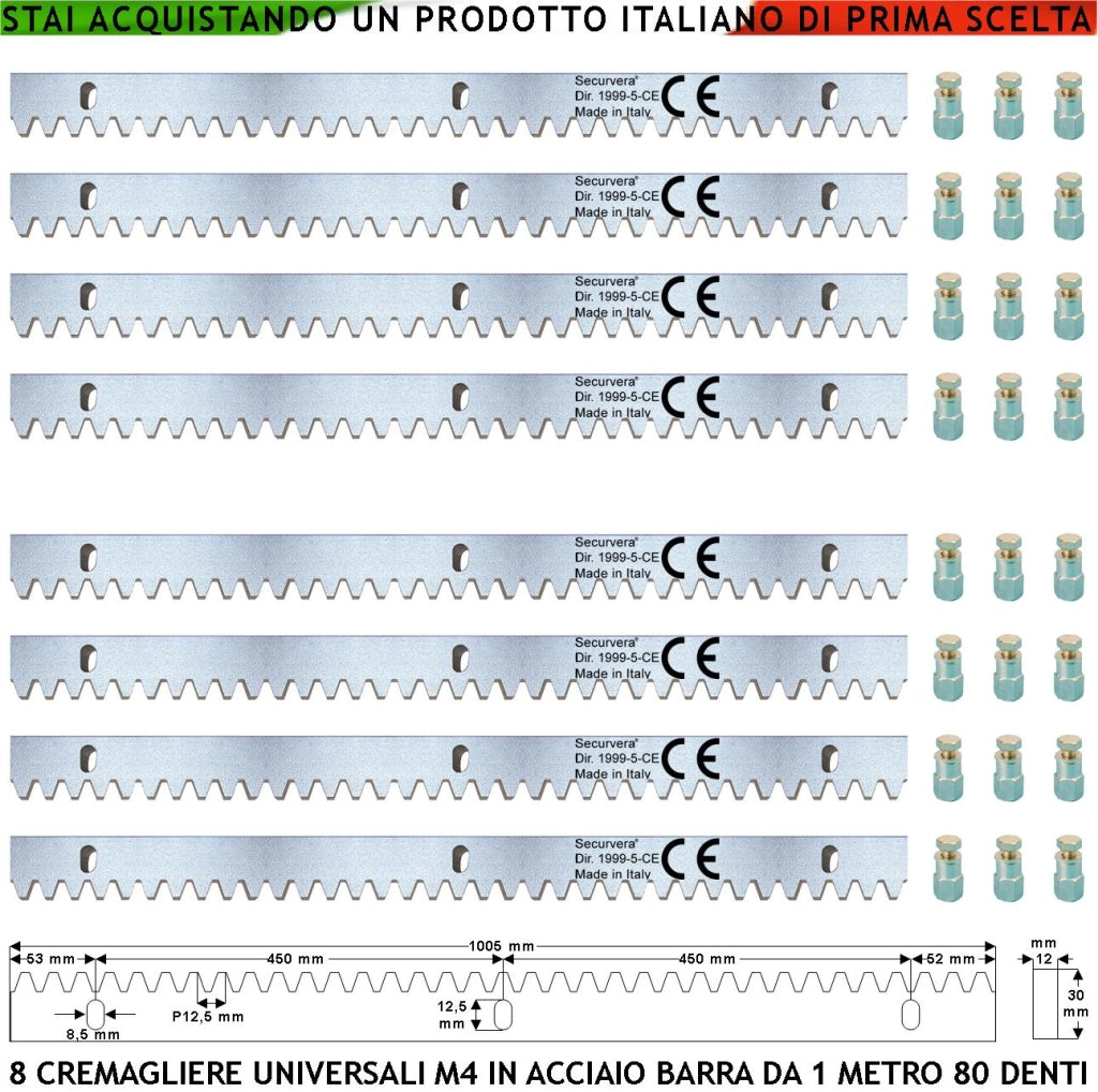 Cremagliera Universale M4 Otto Moduli da 1 MT Con 80 Denti in Acciaio Zincato 12X30 mm Portata Garantita 22 Q.li Max 30 Q.li Fissaggio 3 Bulloni Per Metro Del Cancello Scorrevole Giunture a Contatto