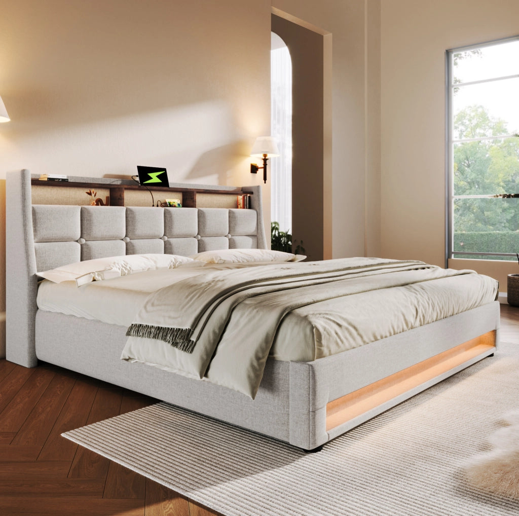 Letto imbottito con LED e USB 160x200 cm, contenitore salvaspazio
