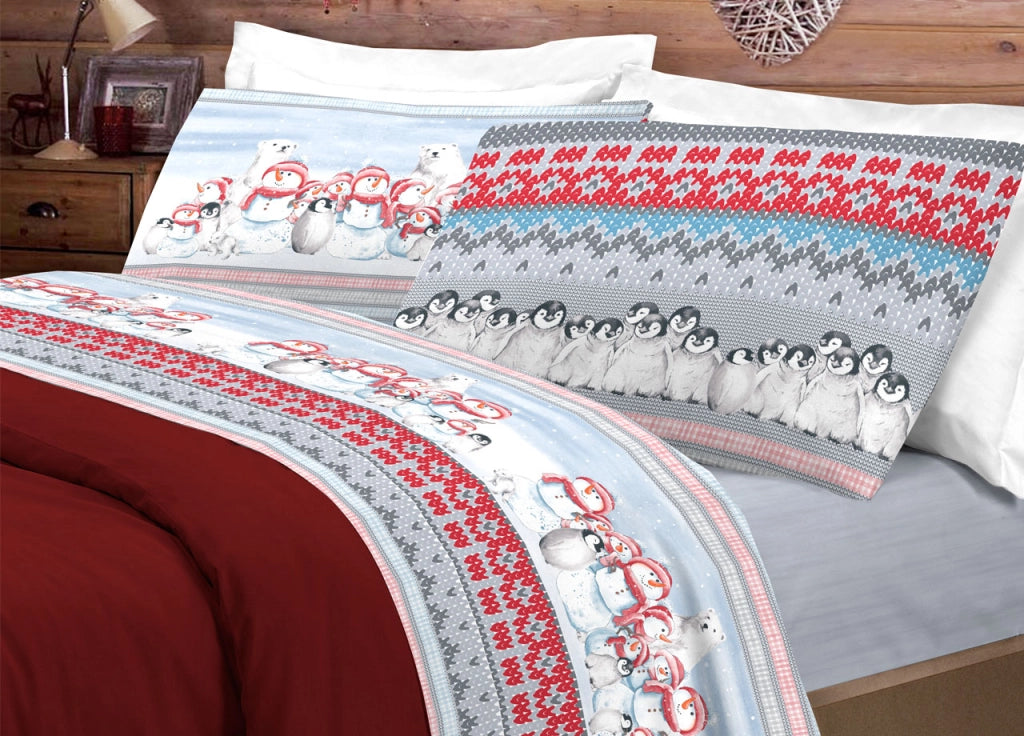 Completo Lenzuola Letto Pensieri Delicati 100% Cotone Dis. Inverno Polare - Singolo - Rosso