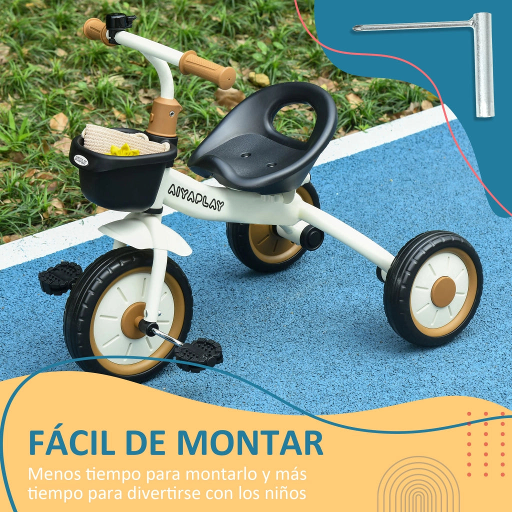 Triciclo per Bambini 2-5 Anni con Cestino e Campanello ¨C zephmum ¨C Crema 70.5x53x58 cm