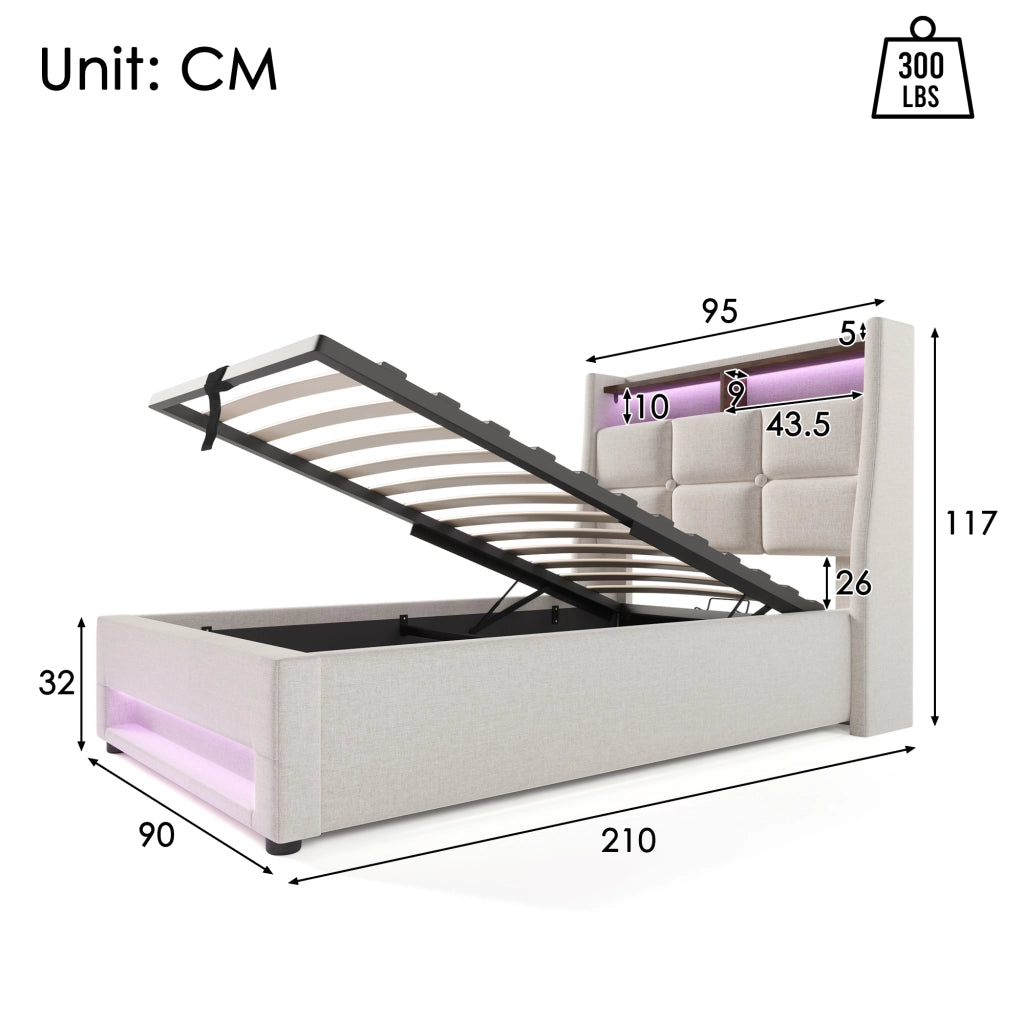 LETTO Imbottito 90x200 cm con LED e USB, tessuto lino beige, senza materasso