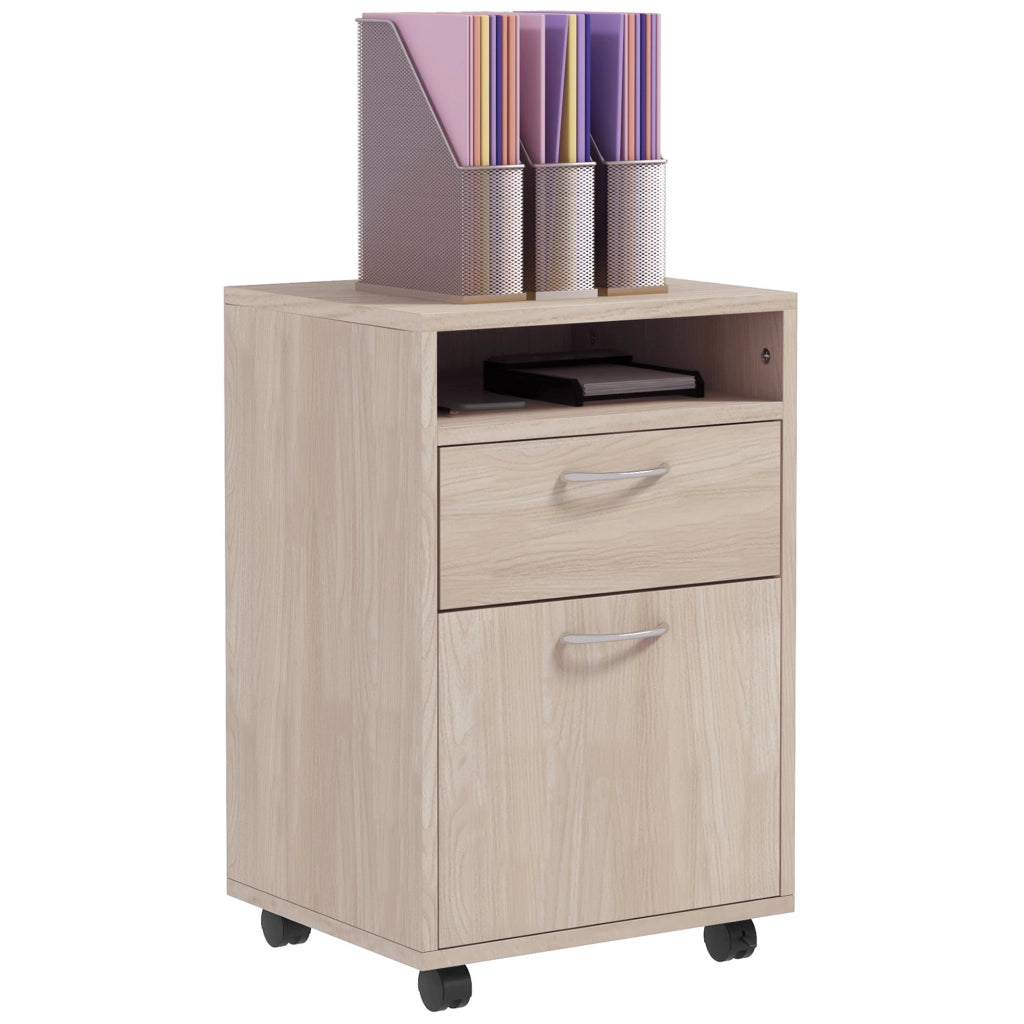 Cassettiera per Ufficio con Ripiano Aperto e 2 Cassetti ¨C Minimal ¨C Legno Rovere e Metallo, 40x35x60 cm