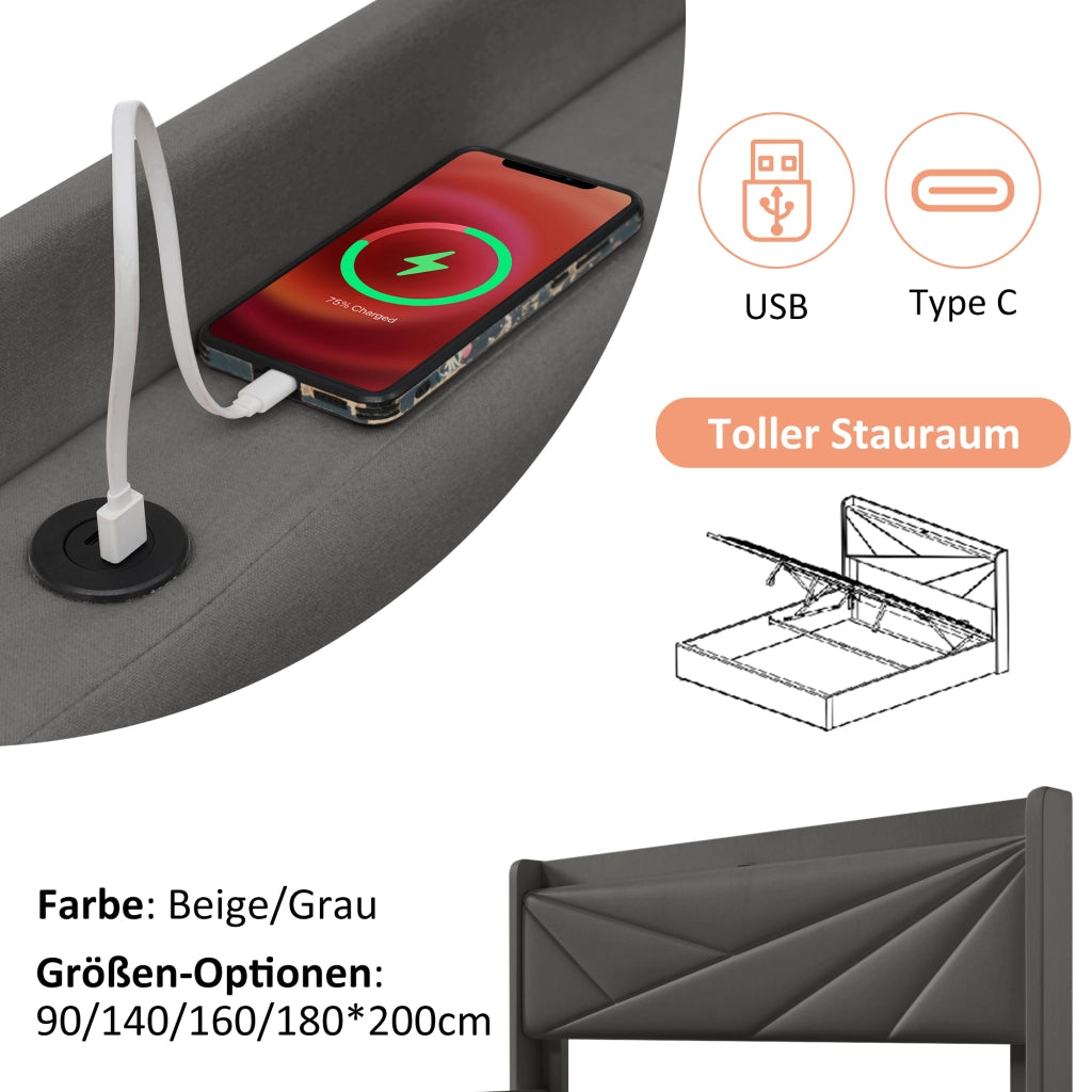 LETTO Contenitore 90x200 cm Grigio in cotone e lino con USB e Type-C