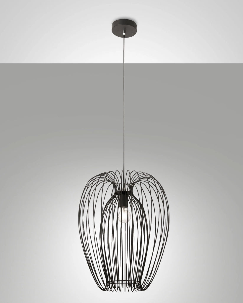 Lampada a sospensione Camp dal design industriale moderno, struttura in metallo, colore Nero, attacco E27, ideale per illuminazione d'interni.