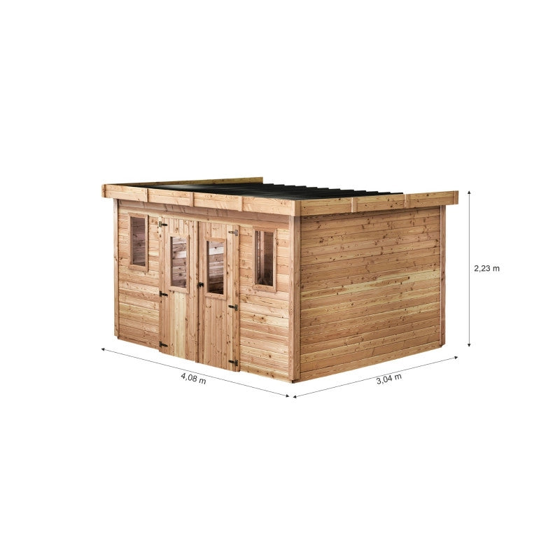 Casetta da giardino in legno 280x380 cm – Spessore pareti 28 mm – Tetto piano in acciaio – DIN4030.02 Foresta