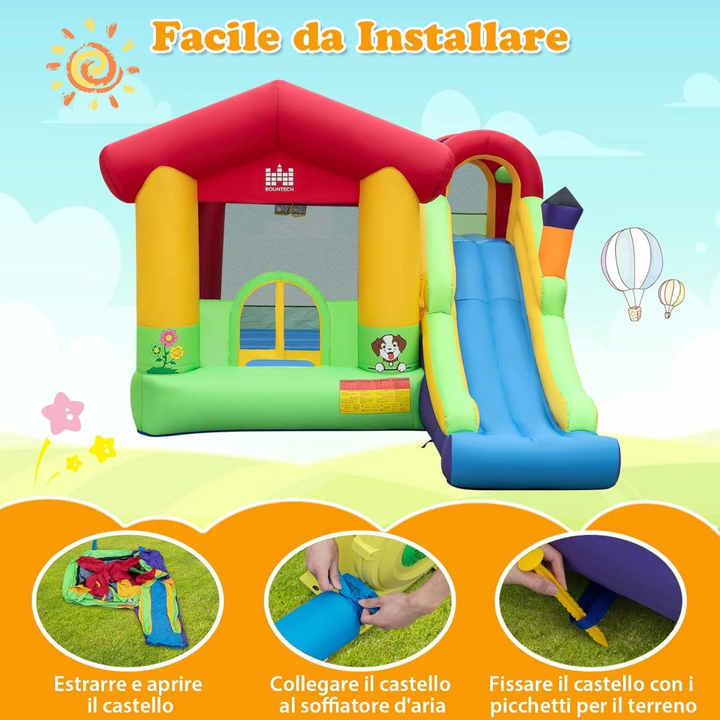 Castello Gonfiabile per Bambini, Casa Gonfiabile con Scivolo, Trampolino e Canestro da Basket, 50 Palline Colorate e Soffiatore, Con Borsa di Trasporto e Kit di Riparazione, 325 x 290 x 205 cm
