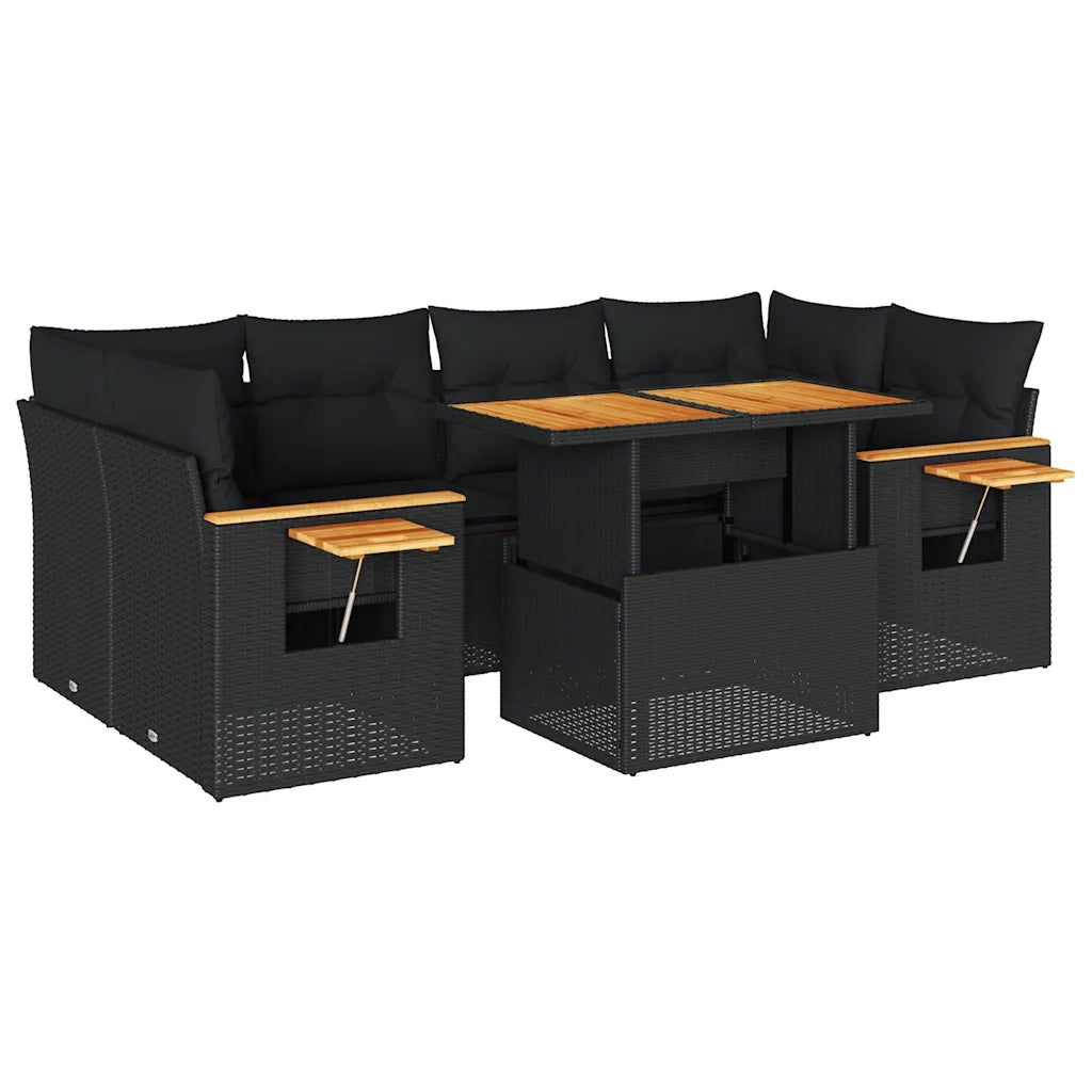 Set Divani da Giardino con Cuscini 7pz Nero Polyrattan Acacia 3327562